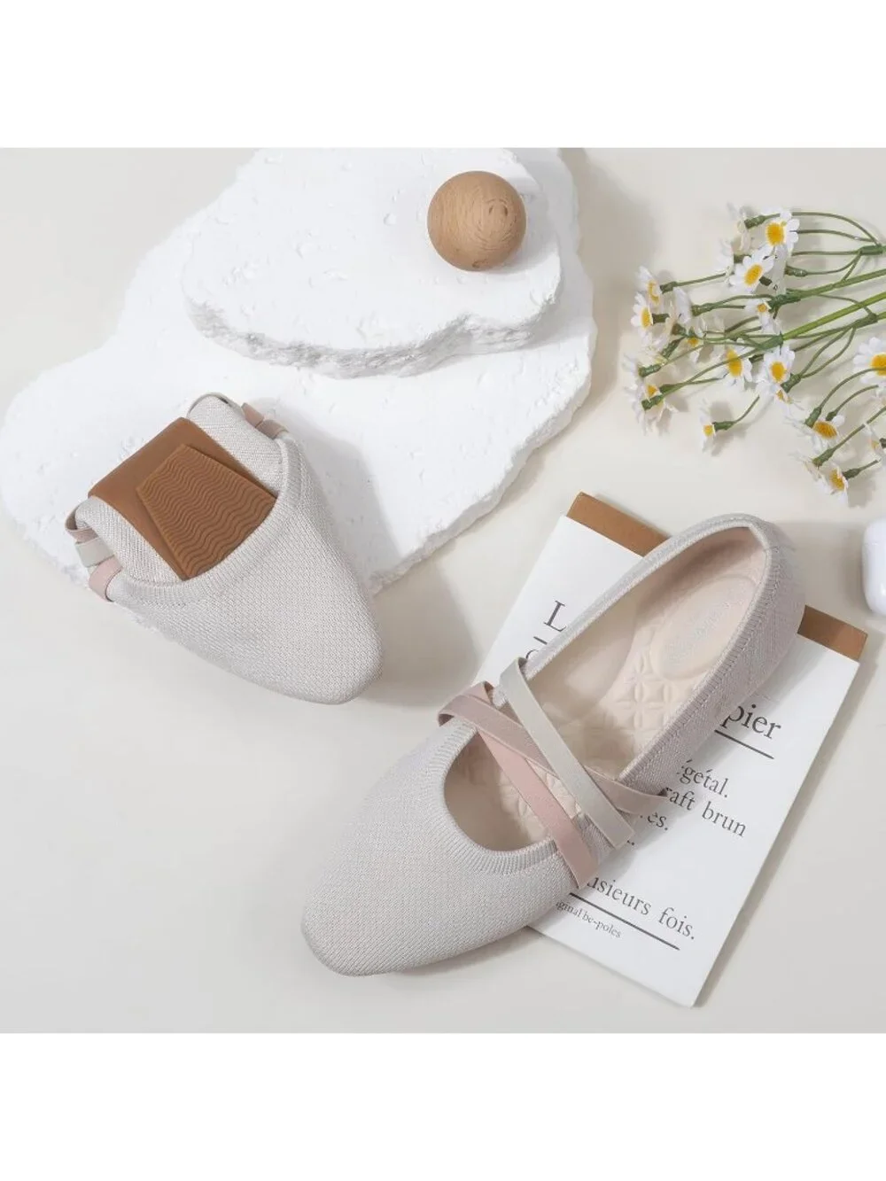 Women's Beige Knit Square Toe Ballet Flats Mary Jane Slip On Causal Shoes